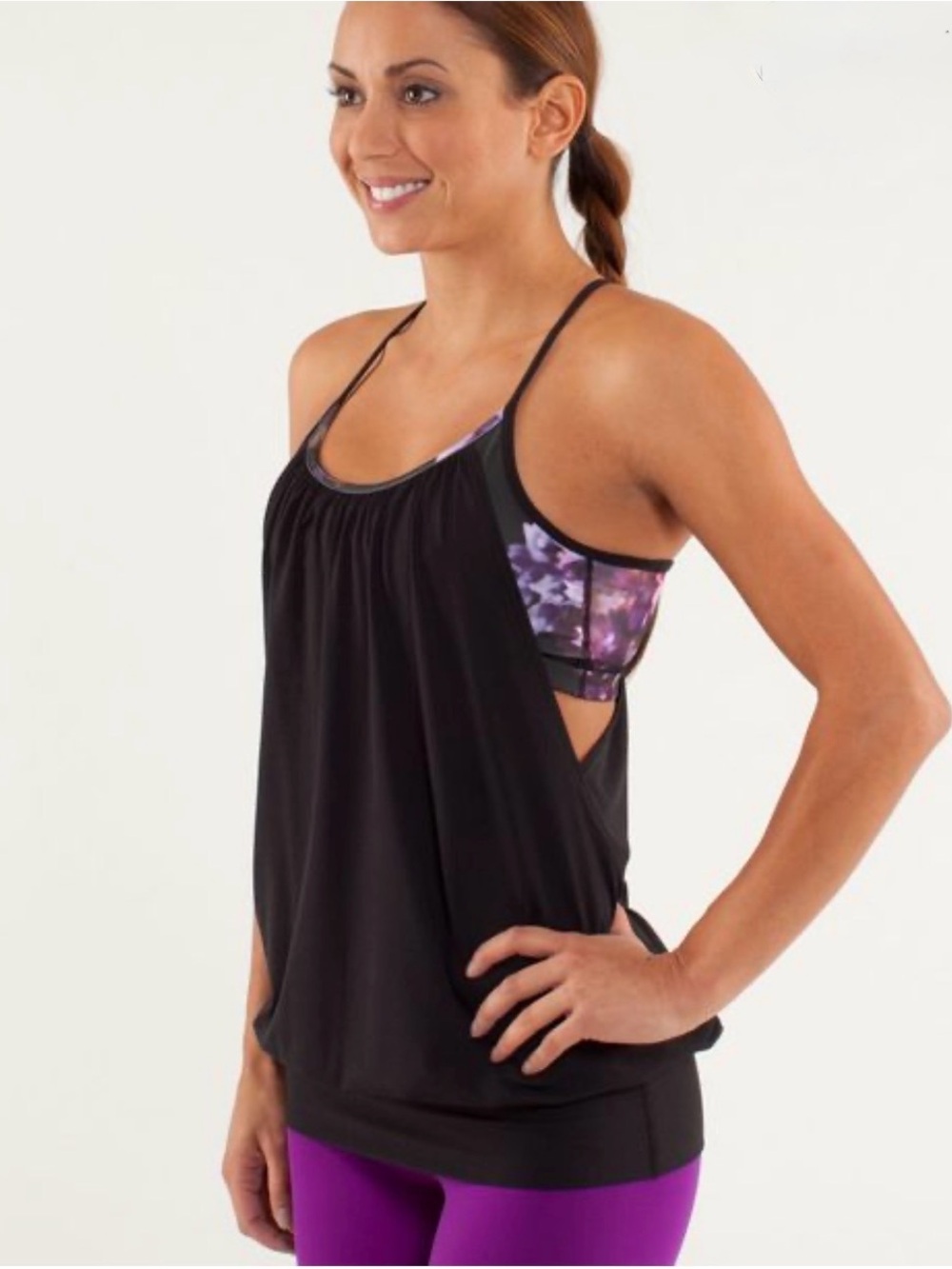 Lululemon No Limits Tank Black with Floral Sports Bra Size 8 EUC